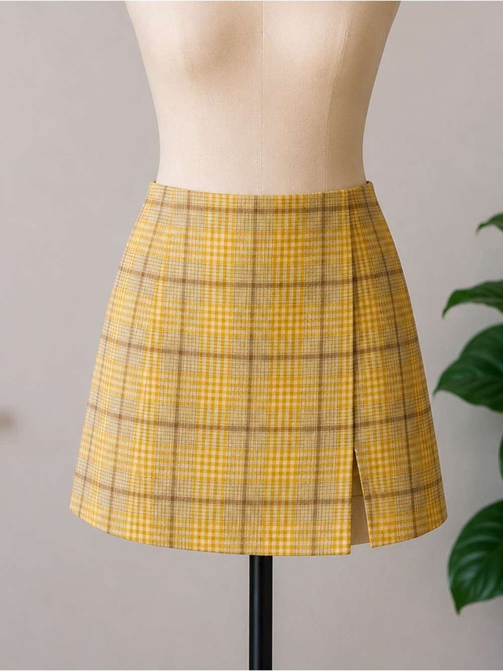 Yellow Plaid Mini Skirt with Side Slit